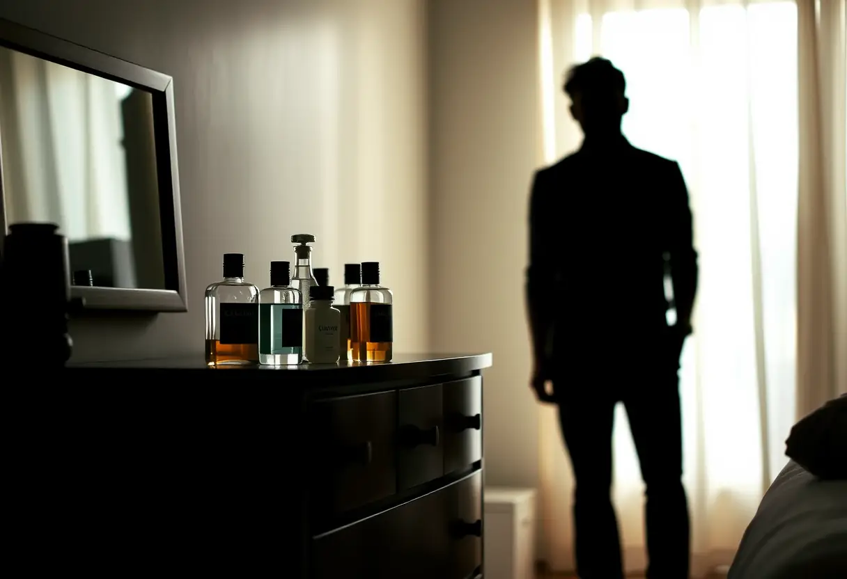 Silhouette d'une personne près d'un meuble de chevet dans une chambre, le meuble contenant plusieurs bouteilles de parfum